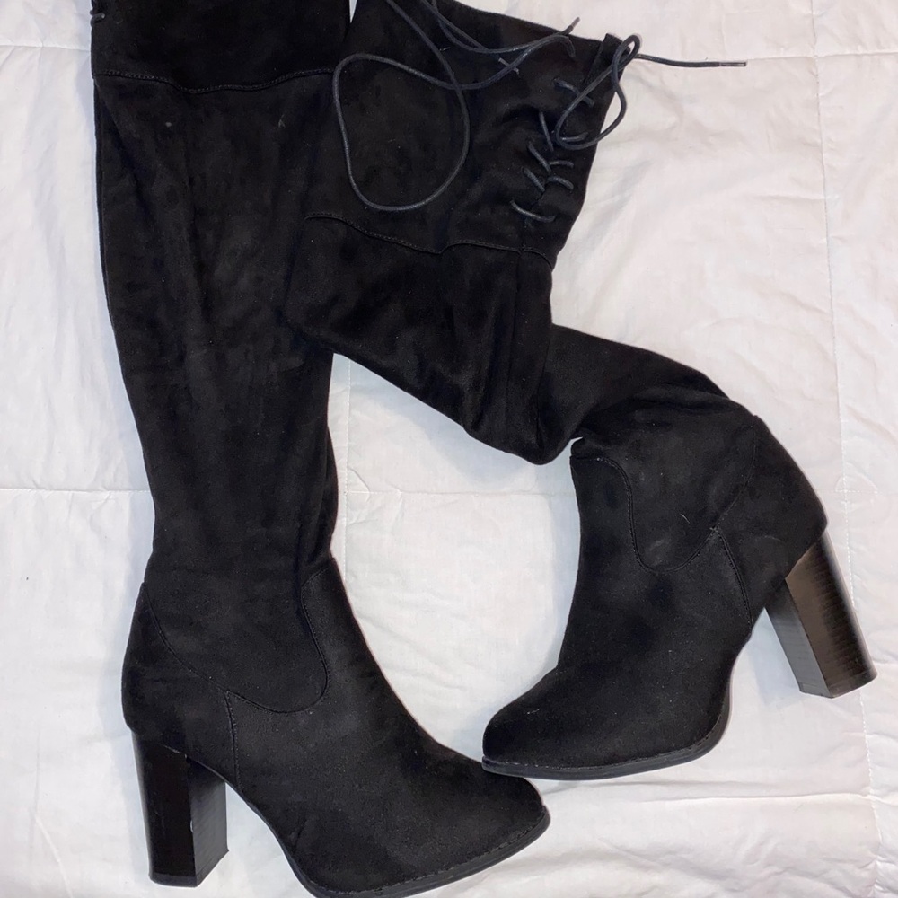 Black knee high tie back boots